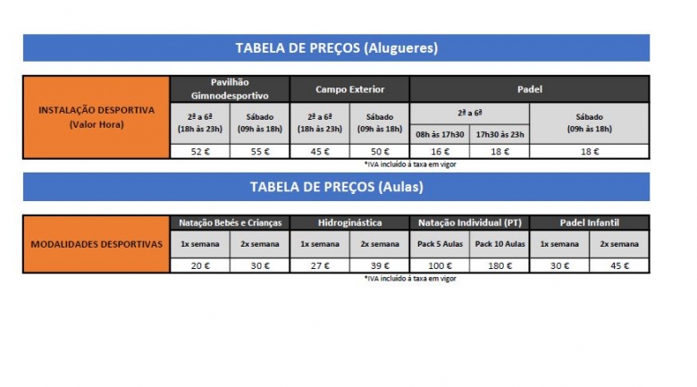 Tabela de Preços - aluguer